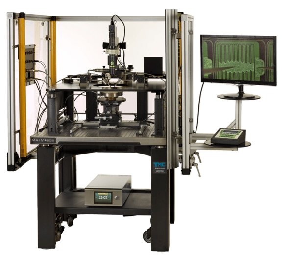 A SemiProbe PS4L M-4 manual probe system configured with a thermal chuck and manual manipulators to perform device characterization at high voltages up to 3 KV